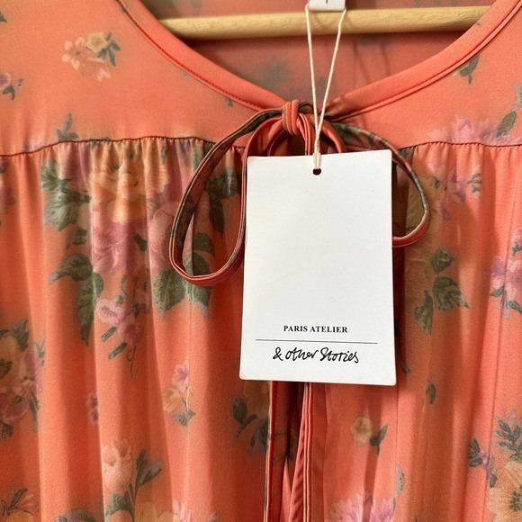& Other Stories Peach Floral Ruched Long Sleeve Maxi Dress NEW Size 12 - Picture 3 of 10